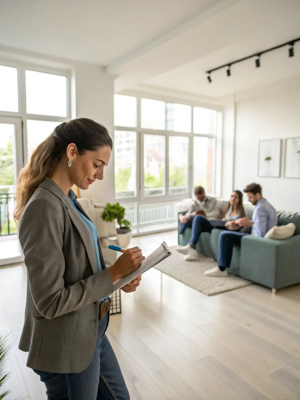 A professional property manager inspecting a commercial building with tenants in the background, ensuring everything is well-maintained and compliant.