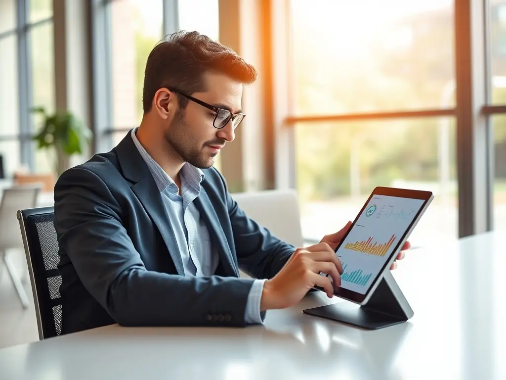 A person analyzing real estate market data on a tablet, representing investment consulting services. The image should convey expertise and strategic thinking.