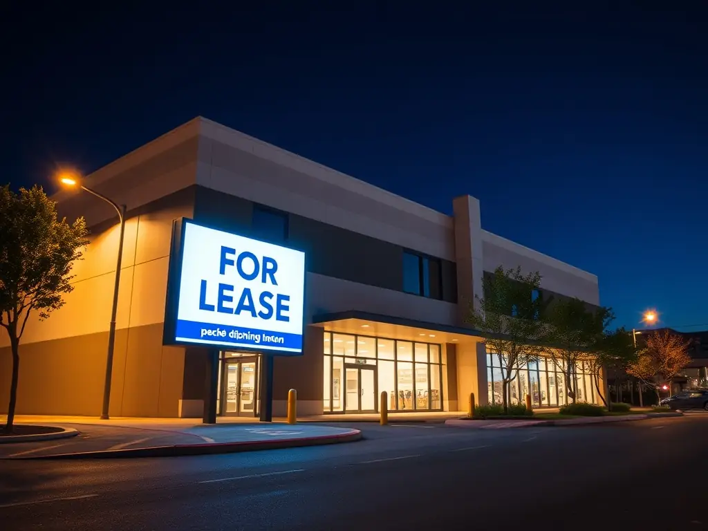 A modern high-rise building with a 'For Lease' sign, symbolizing property management services. The image should convey professionalism and reliability.